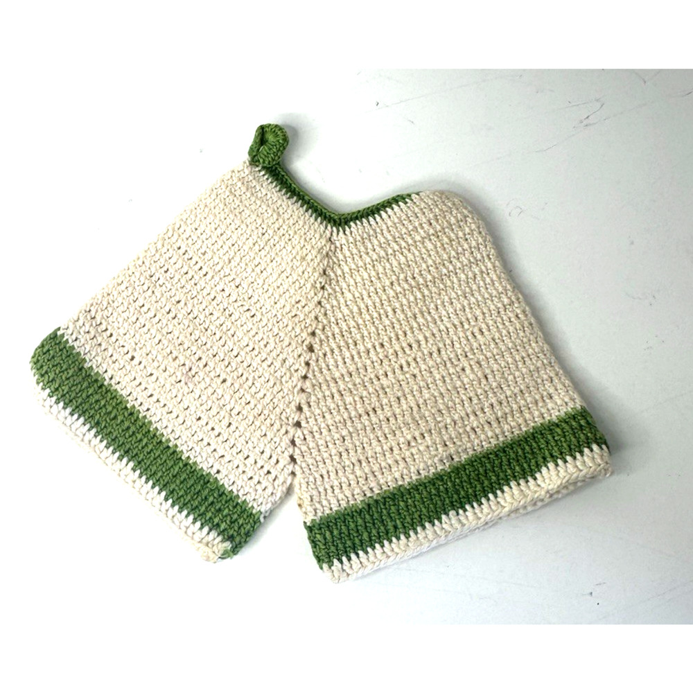 Hand Crochet Potholder Green Trimmed Bloomers Grandma Core Decor 7" x 4"